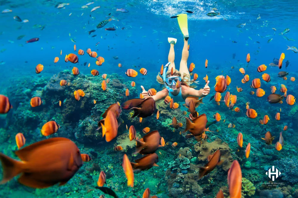 Woman snorkeling with orange fish
